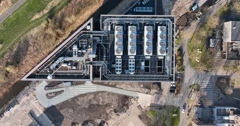 Data center telecommunication structure building aerial drone view. Digital Video stock 196893920