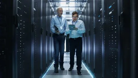 In Data Center Two IT Engineers Walking Through Rows of Server Racks. They Wo Stock Photos