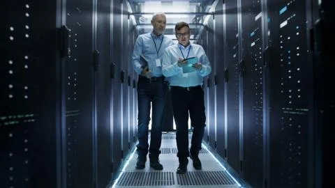 In Data Center Two IT Engineers Walking Through Rows of Server Racks. They Wo Stock Photos