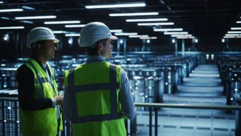Data Center Two Specialists Talk Use Tablet Computer Stock-Footage 155289146