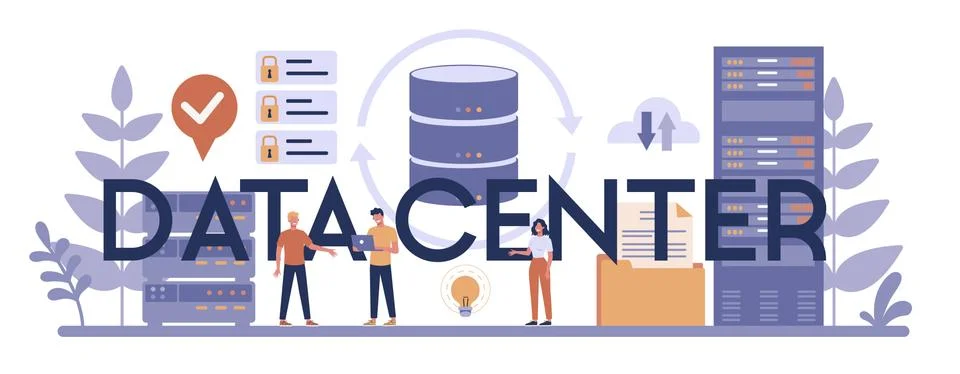 Data center typographic header concept. Female and male character Stock Illustration