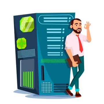Data Center Vector. Hosting Server And Man. Storage Cloud. Network And Database Stock Illustration