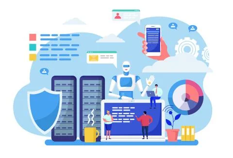 Data center vector illustration, cartoon tiny people work with hosting database Stock Illustration
