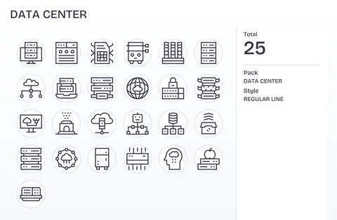 Data Center Visual Pack containing 25 Regular Line Grid Fitted Vector Icons Stock Illustration