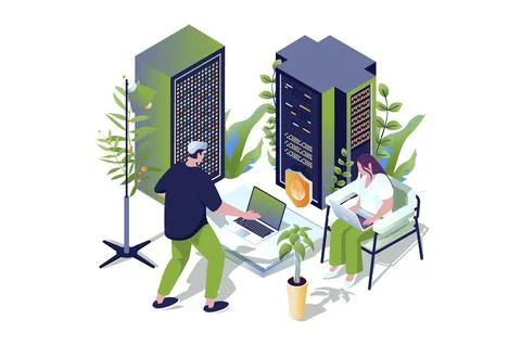 Data center web concept in 3d isometric design. People working in server room Stock Photos