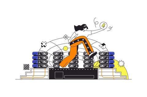 Data center web concept in flat outline design with character. Woman engine.. Stock Illustration