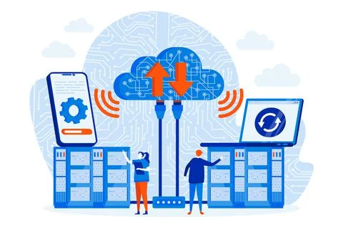 Data center web design concept with people characters. Server engineers work  Illustrazione stock