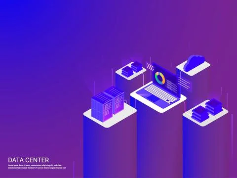 Data center web template design with isometric laptop connected with four d.. Stock Illustration
