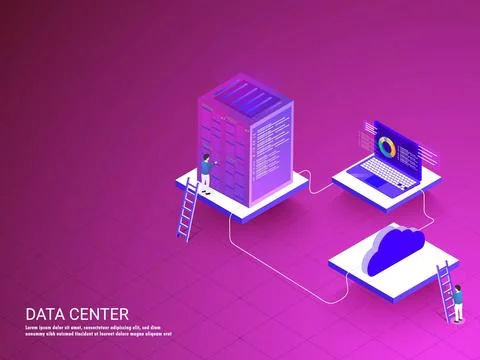 Data center web template design with Server connected to laptop, tiny peopl.. Stock Illustration