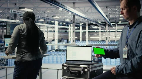 Data center worker uses isolated screen smartphone while deploying deep learning Stock Footage 314804995