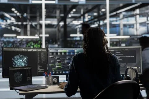 Data center worker using AI deep learning algorithms to analyze large datasets Stockfoto's