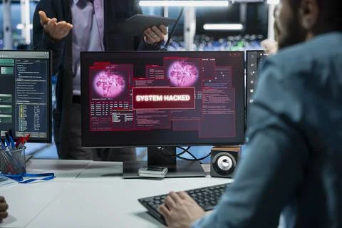 Data center workers upgrading security systems using AI to stop breaches 스톡 사진