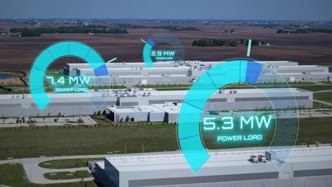 Data centers with graphic visualization of power demand and megawatt Stock Footage 346837194