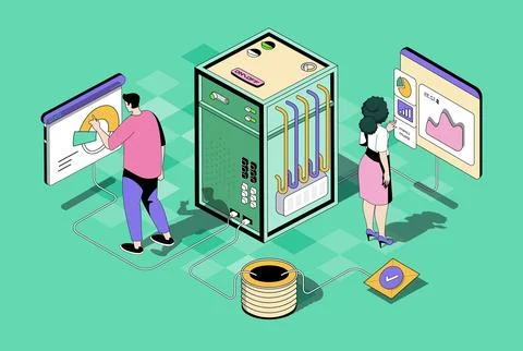 Data centre concept in 3d isometric design. Woman and man work as tech admini Stock Illustration