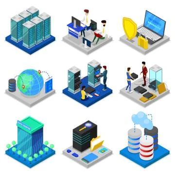 Data centre isometric 3D set 스톡 일러스트