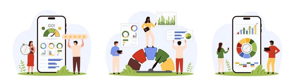 Data chart analysis on dashboard of mobile app set, tiny people control graph Stock-Illustration