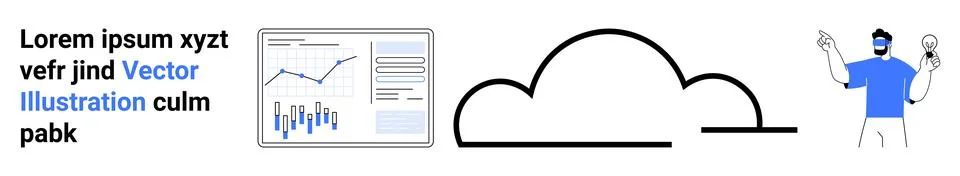 Data chart with analytics, mathematical graph, cloud symbol, person holding b Illustrazione stock