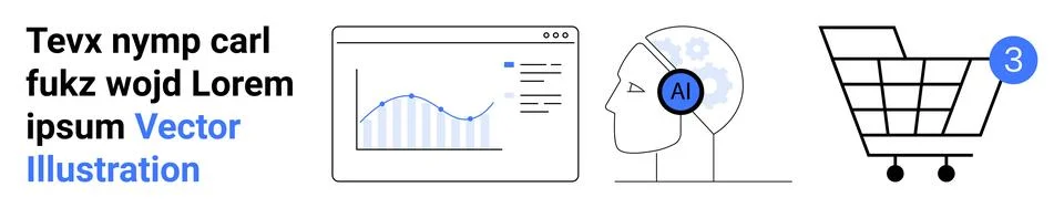 Data chart in browser window, human head with AI icon, shopping cart with thr Stock Illustration