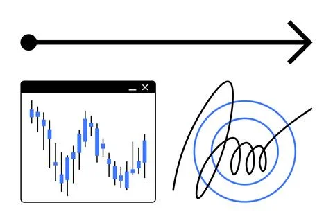 Data chart with fluctuating blue bars, signature swirling through concentric  Illustrazione stock