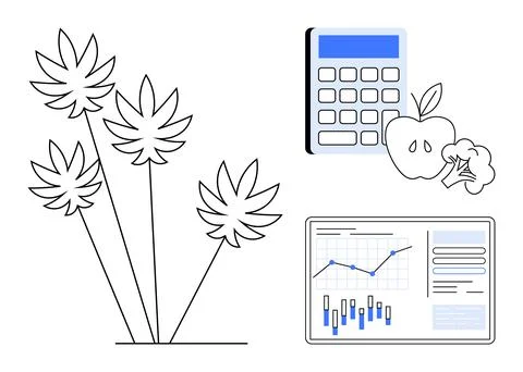 Data chart with graphs and bars, apple with leaf and half apple, calculator,  イラスト素材
