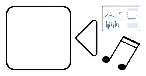 Data chart with graphs, a square, a play button, and music notes representing Illustrazione stock