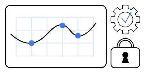 Data chart with line graph and dots, setting icon with checkmark, and lock ic Illustrazione stock