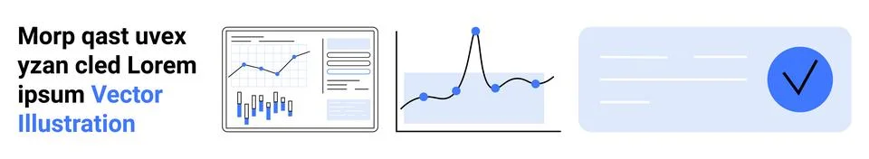 Data chart with lines, bar graph, screen with graph, tick mark icon, text blo 스톡 일러스트
