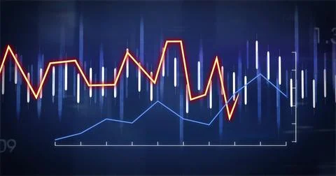 Data chart occupying digital screen, with orange, blue line graphs, white bars Stock Illustration