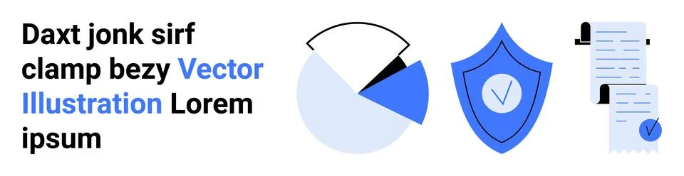 Data chart, shield with checkmark, and documents with a paper clip in blue an Stock Illustration