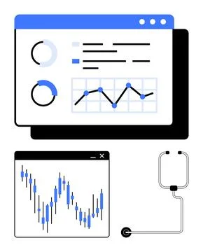 Data charts and graphs in digital interface with medical stethoscope, reflect Stock Illustration