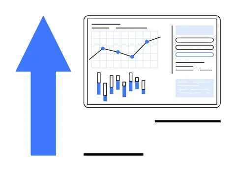 Data charts and graphs on a screen combined with an upward blue arrow. Ideal  イラスト素材