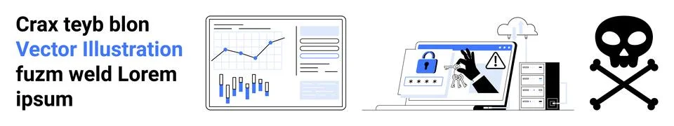 Data charts on a dashboard, laptop with a warning alert, and a skull with cro Illustrazione stock