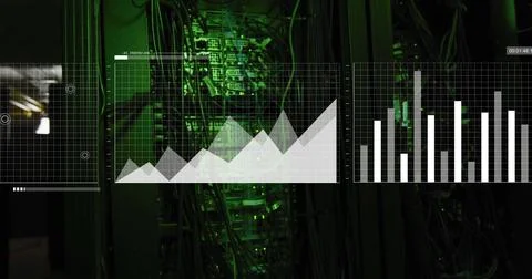 Data charts image over server room with green lighting and cables 스톡 일러스트