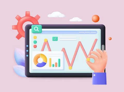 Data charts, statistics report on tablet screen, 3d vector illustration Illustrazione stock