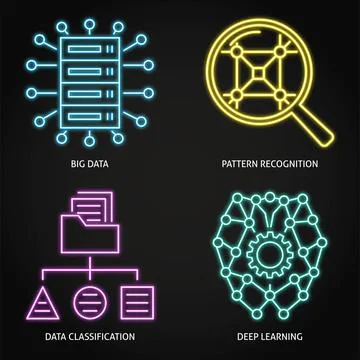 Data classification and deep learning neon icon set Illustrazione stock