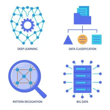 Data classification and deep learning flat icon set Illustrazione stock
