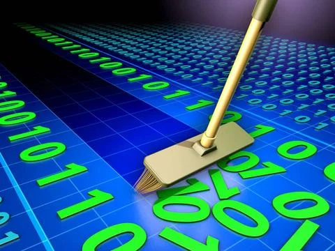 Data cleaning Cleaning some binary code using a broom. Digital illustratio... Stock Photos