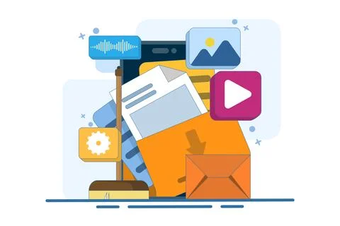 Data cleaning concept, Clear cache memory, download cloud history data. Stock Illustration