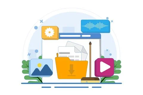 Data cleaning concept, Clear cache memory, download cloud history data. Stock Illustration