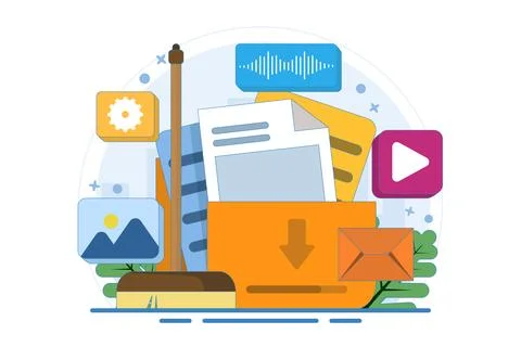 Data cleaning concept, Clear cache memory, download cloud history data. Stock Illustration