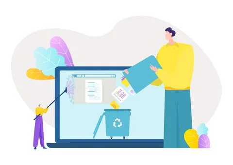 Data cleaning at screen, vector illustration, tiny flat man character delete Stock Illustration