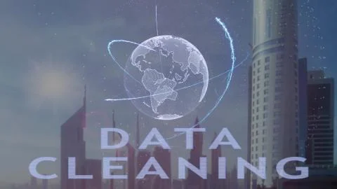 Data cleaning text with 3d hologram of the planet Earth against the backdrop of Stock Photos