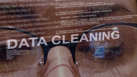 Data cleaning text on background of female developer Stock Footage 106946869