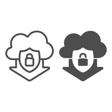 Data cloud with arrow and protection emblem line and solid icon, web security Illustrazione stock