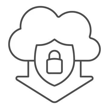 Data cloud with arrow and protection emblem thin line icon, web security concept Illustrazione stock