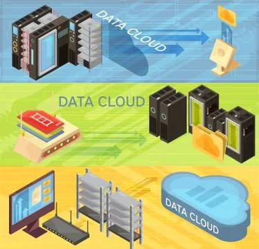 Data Cloud Isometric Banners Set Illustrazione stock