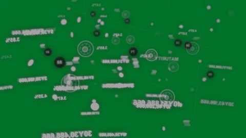 Data cloud moving inward, camera push revealing pulsing rings and numbers on Stock Footage 329548525