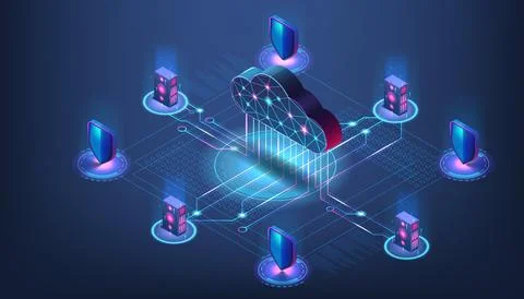 Data cloud. Storage digital technology. Attack on internet platform. Online Stock Illustration