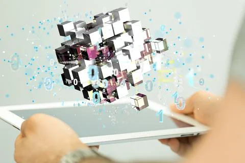 Data cloud storage network with lines, triangles, and particle style design Foto stock