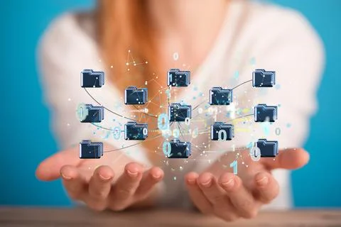 Data cloud storage network from lines, triangles, and particle style design. Stock Photos